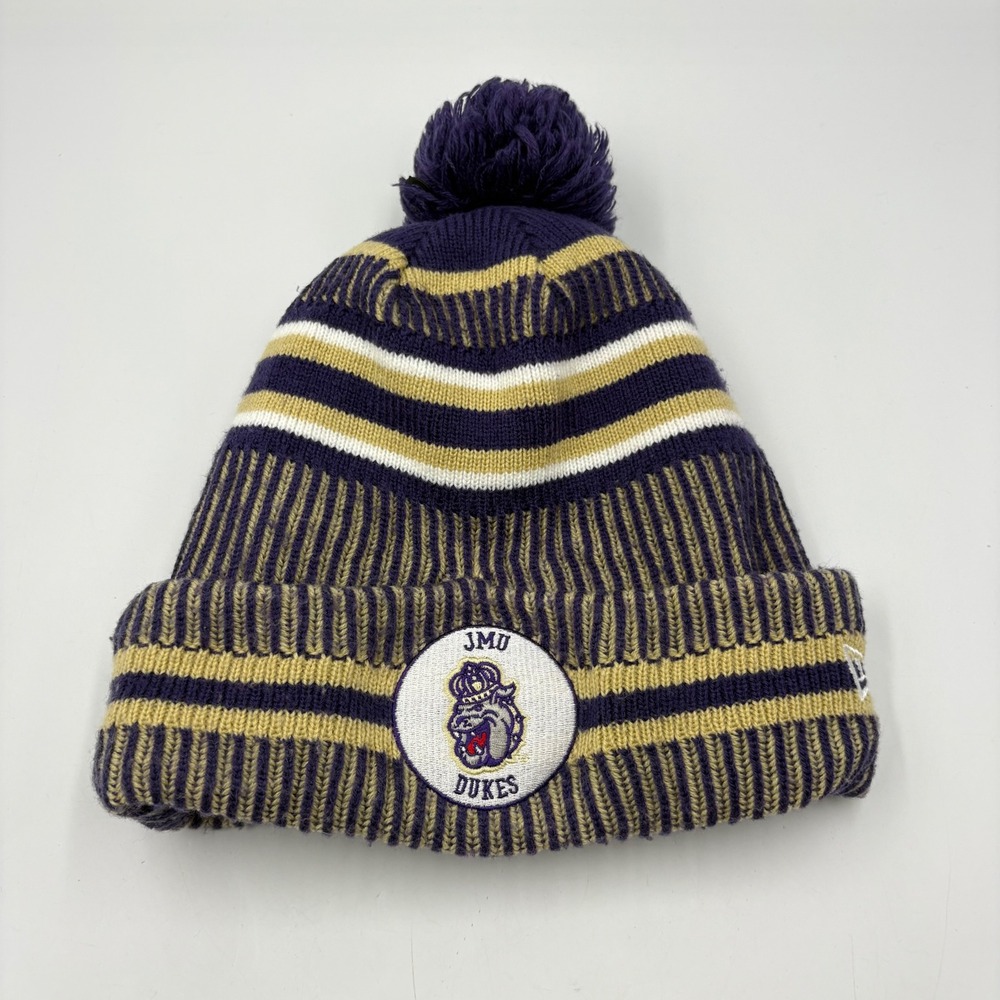 New Era JMU Dukes Beanie Hat Mens OSFM Purple Gold Striped Fleece Lined Pom Knit